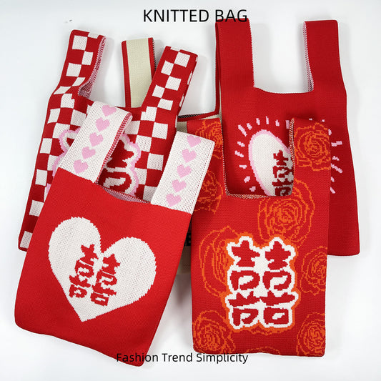 Women's Wedding Celebration Knitted Red Wrist Hand Handbags