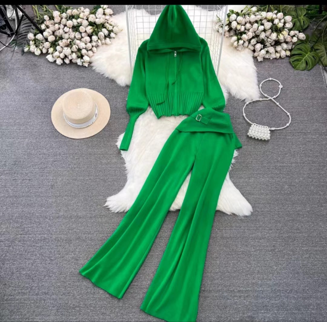 Women's Zipper Slim Fit Knitted Hooded Two-piece Set Suits