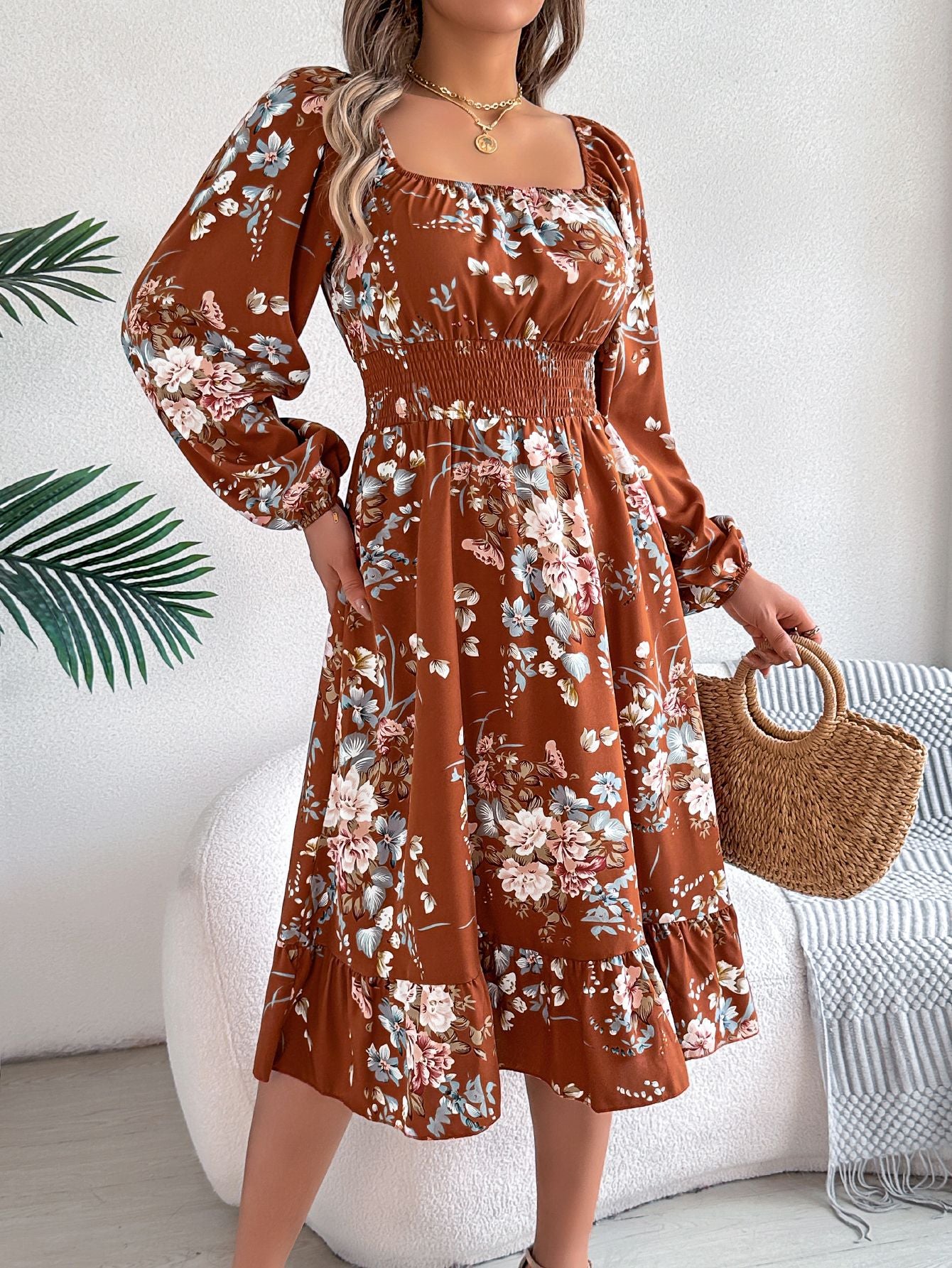 Women's Elegant Flowers Square Collar Long Sleeve Waist Clothing