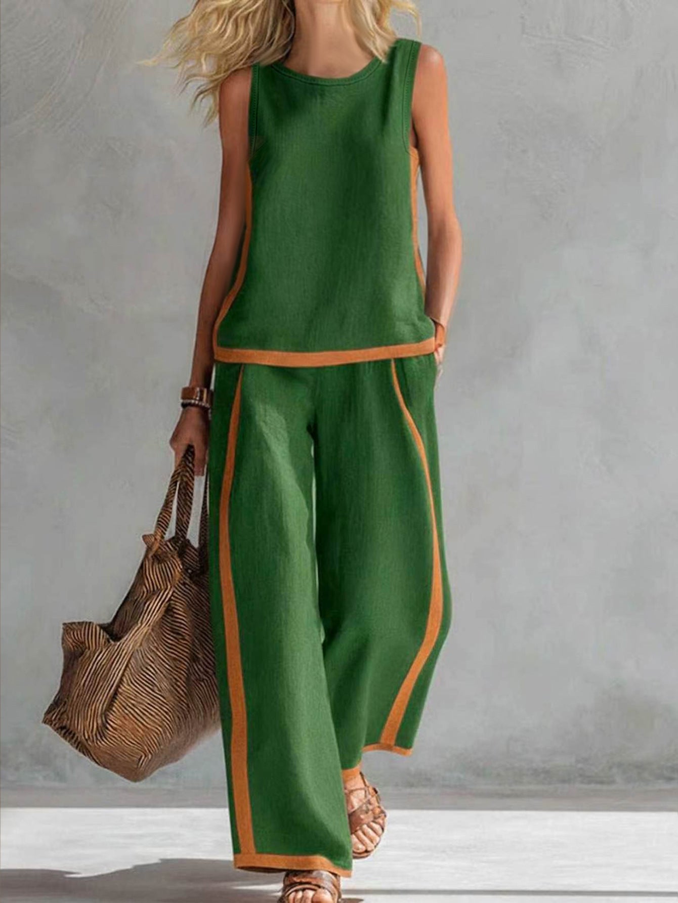Women's Sleeveless Contrast Color Summer Two-piece Trendy Fashion Casual Suit
