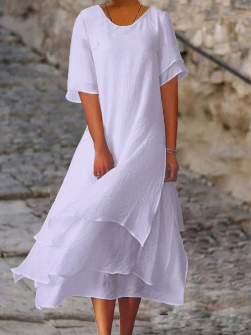 Cotton Linen Color Matching Slit Sleeve Dresses