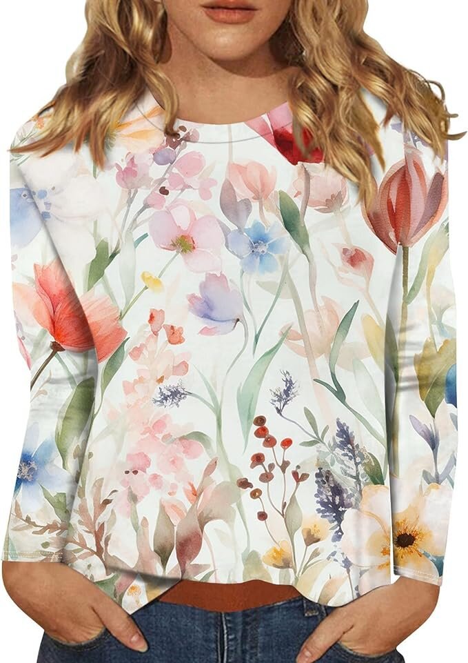 Women's Round Neck Long Sleeve Loose Print Tops