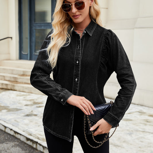Women's Washed Shrug Denim Long Sleeve Shirt Blouses