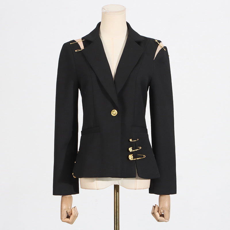 Women's Mesh Stitching Decorative Pin Long Sleeve Slim Fit Blazers