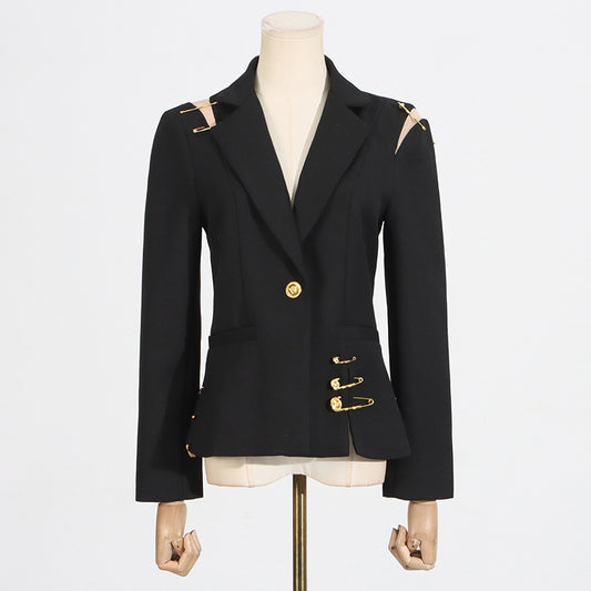 Women's Mesh Stitching Decorative Pin Long Sleeve Slim Fit Blazers
