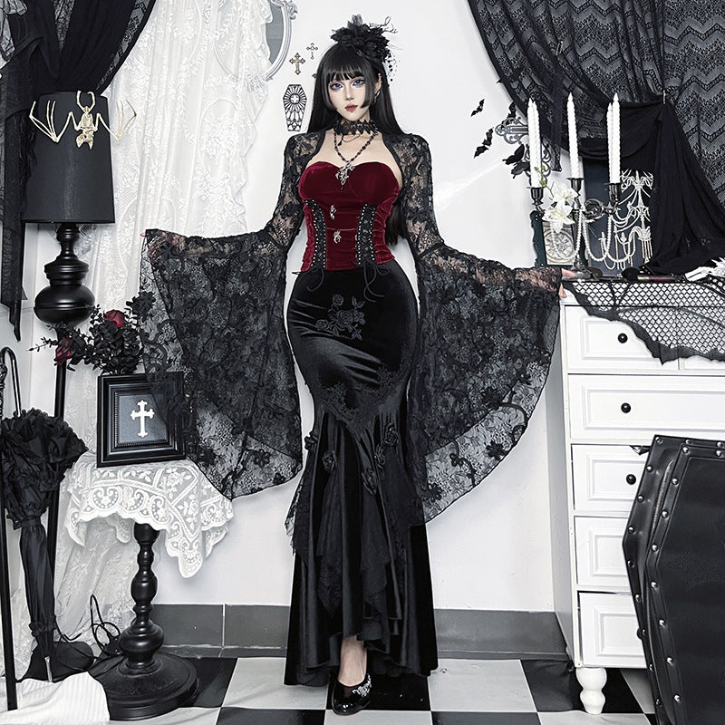 Gorgeous Gothic Three-dimensional Lace Flower Halloween Black Versatile Blouses