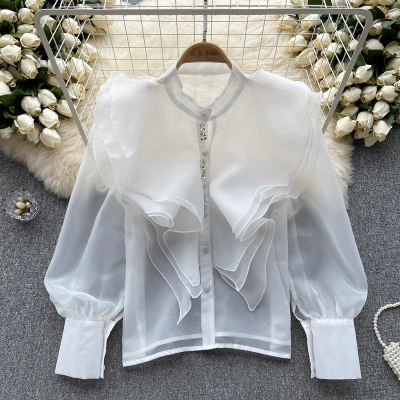 Women's Autumn Light Luxury Fairy Style Ruffled Long-sleeved Shirt Mesh Blouses