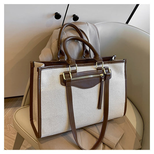 Female Linen Contrast Color Retro Leisure Commute Tote Bags