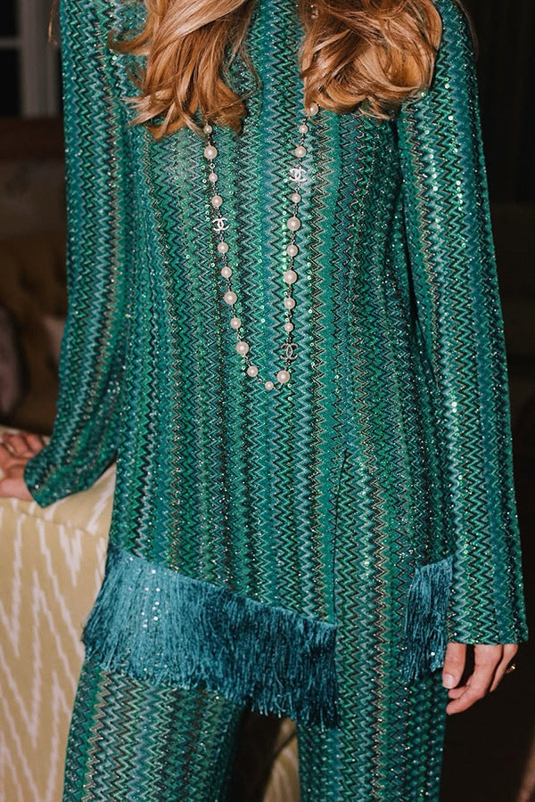 Women's Fashion Two-piece Tassel Long Sleeve Split Suits