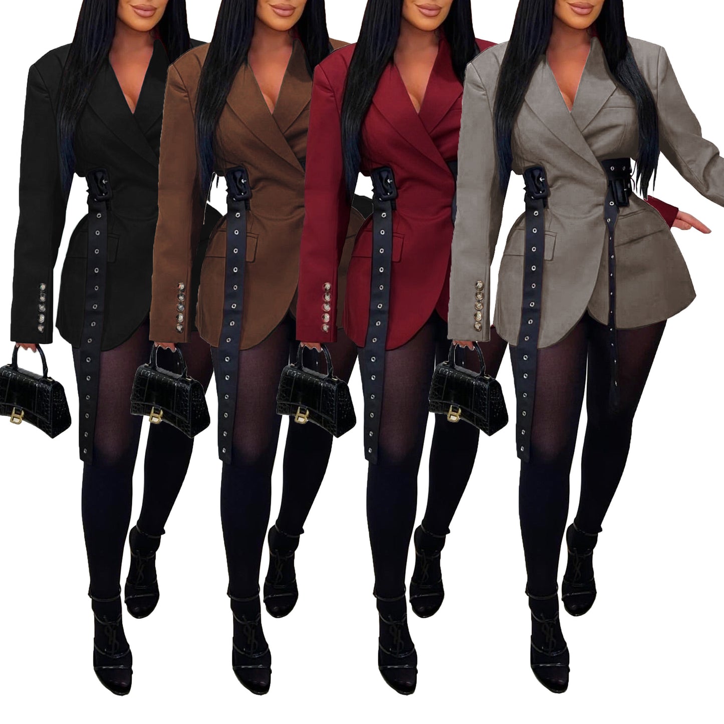 Women's Side Cinched Patchwork Long Sleeve Autumn Suits