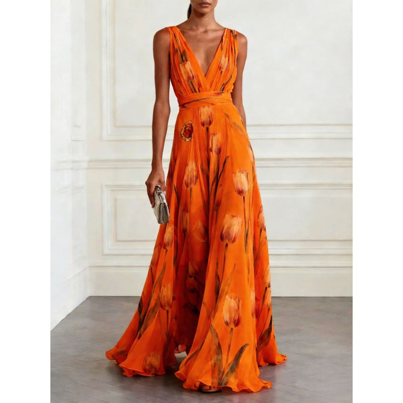 Women's Tulip Print Sleeveless Chiffon Maxi Dress