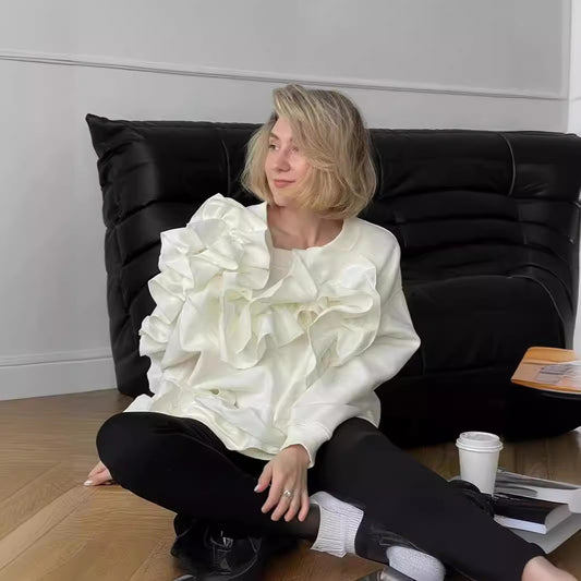 Women's Solid Color Round Neck Ruffled Ladies T-shirt Blouses