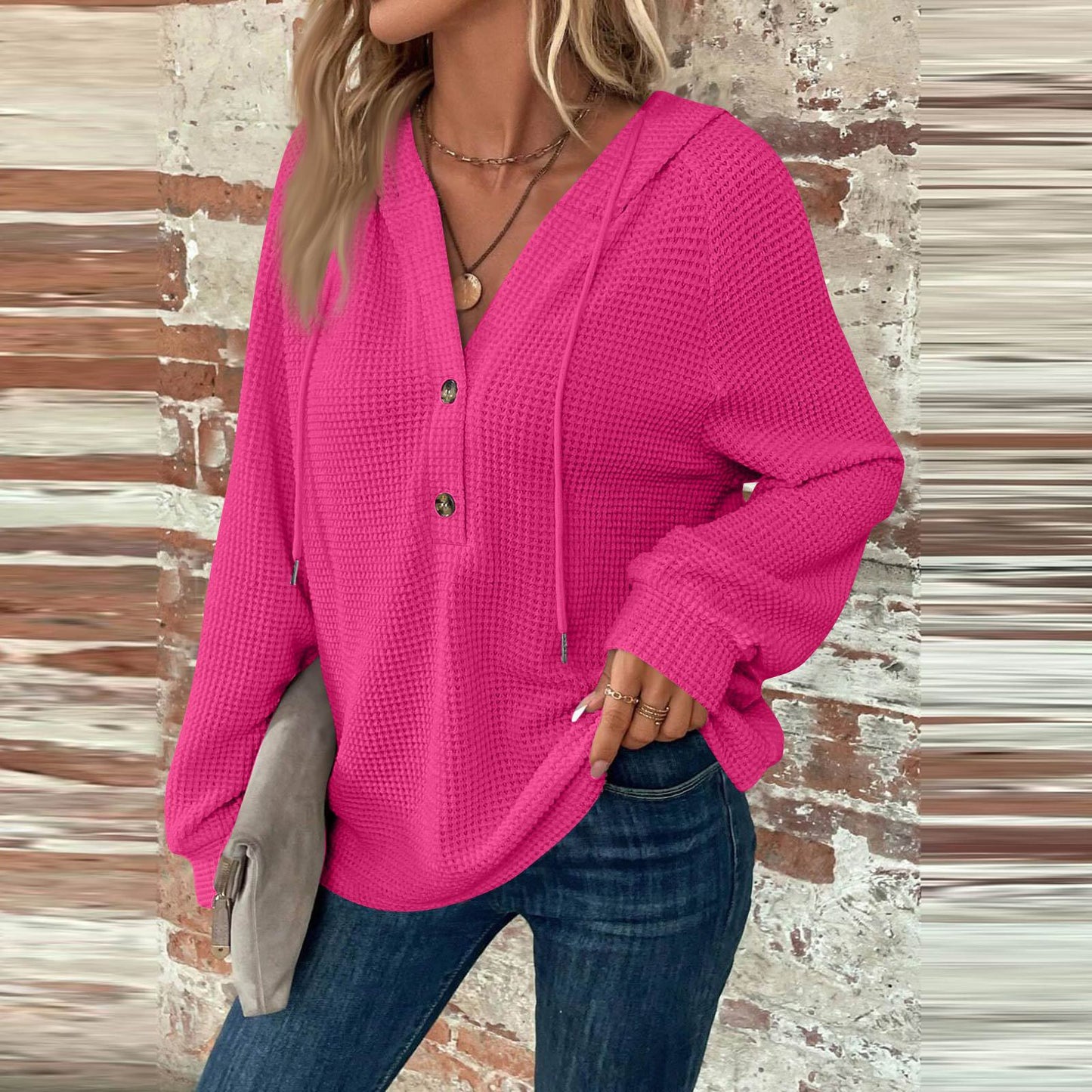 Women's Hoodie Waffle Knit Drawstring Button Long Sleeve Pullover Leisure Sweaters