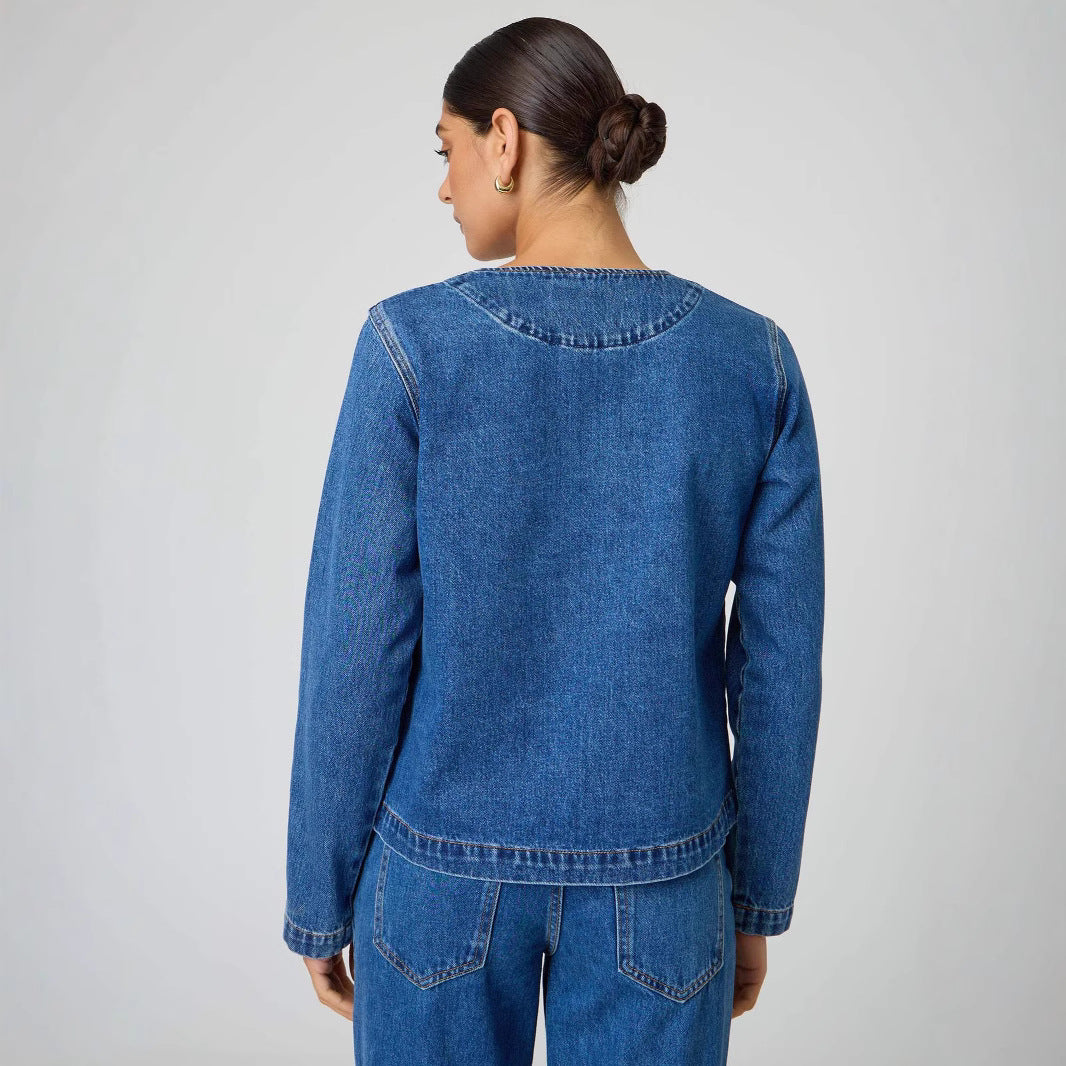 Women's Glamorous Fashion Round Blue Denim Jackets