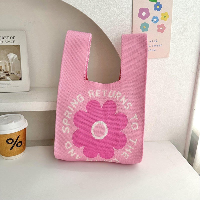 Women's Flower Cartoon Knitted Woven Large Capacity Handbags