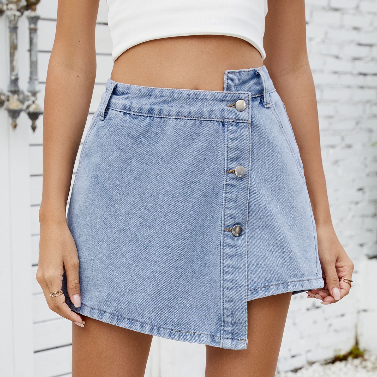 Women's Summer Washed Button Decoration Irregular Denim Women's Jeans