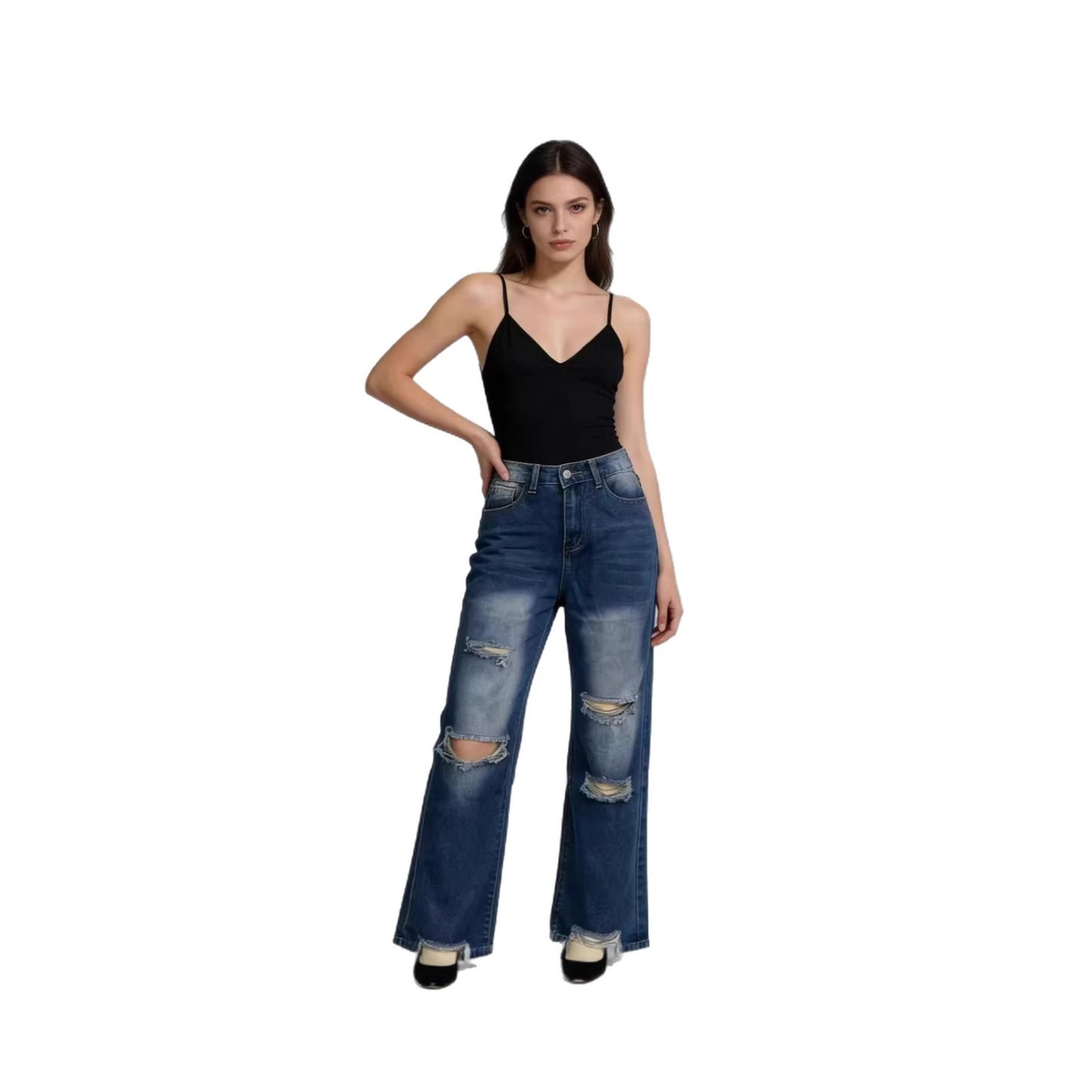 Women's Tassel Water Washed Hole Long Straight Women's Jeans
