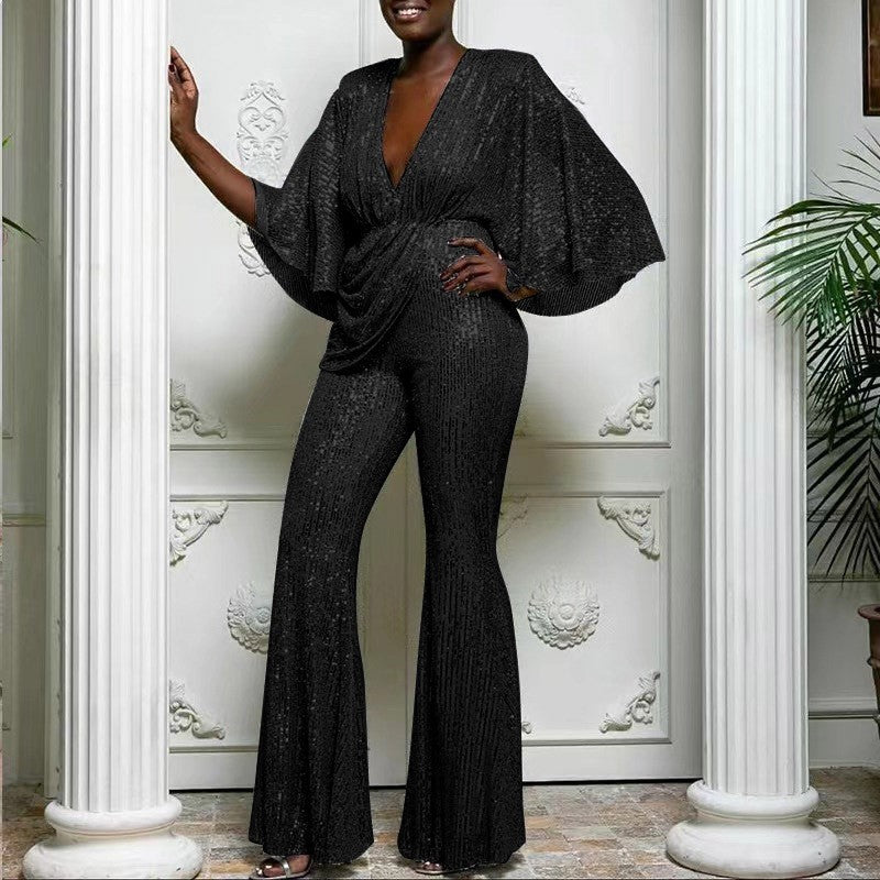 Women's Versatile Sequined Deep Backless Trousers Jumpsuits