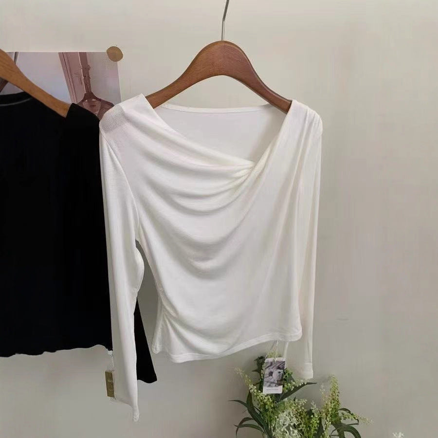 Women's Sexy Pleated Neckline White Bottoming Shirt Autumn Blouses
