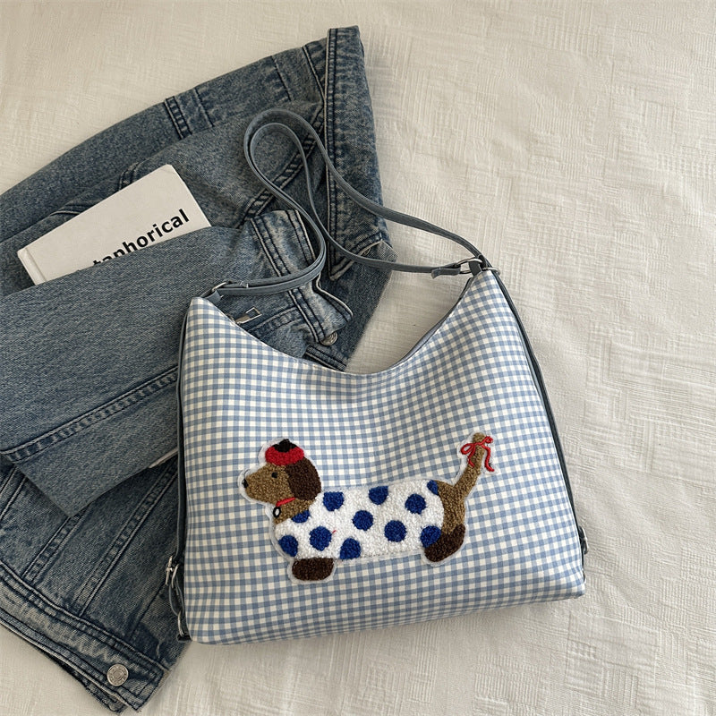 Women's High-grade Style Sausage Dog Fresh Plaid Tote Bags