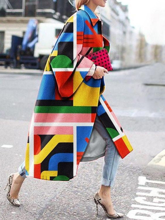Women's Long Bell Sleeve Printed Loose Trench Coats