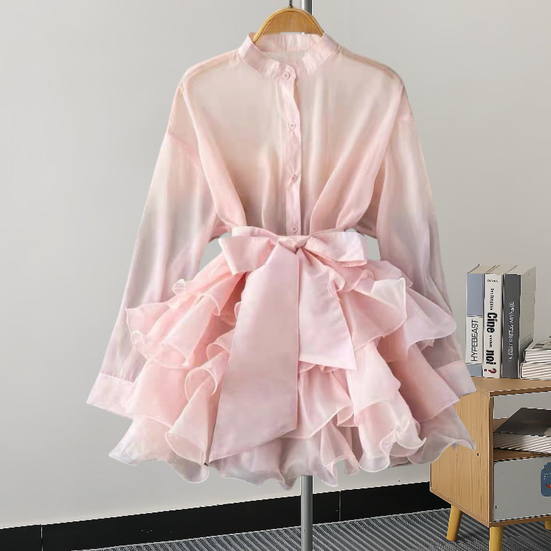 Pure Color Ruffles Long-sleeved Shirt Niche Dresses
