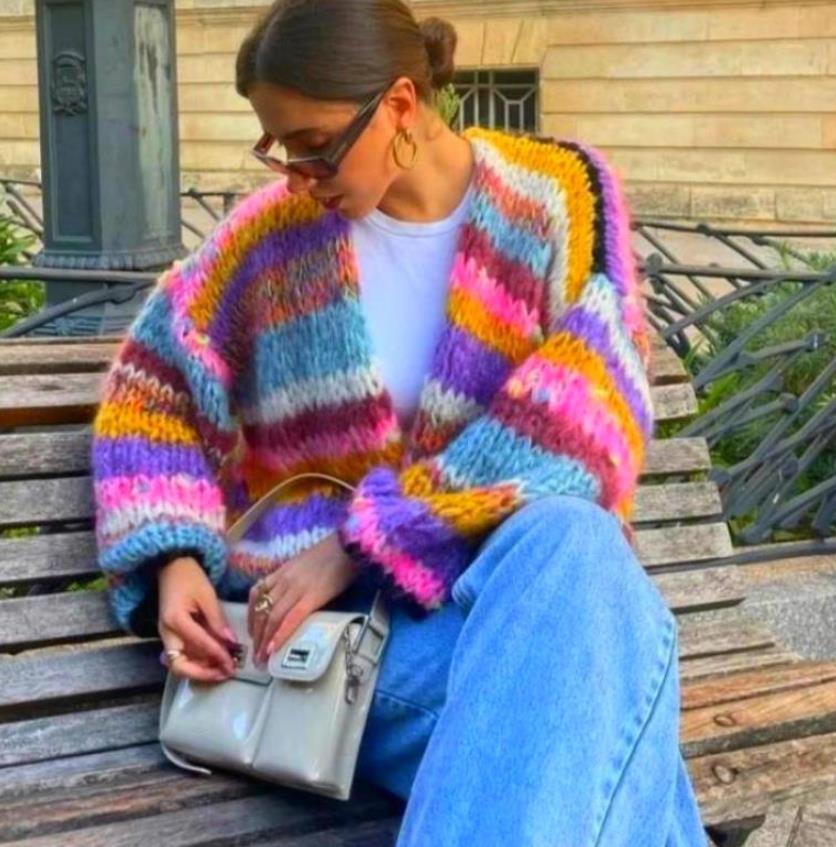 Striped Long Sleeve Rainbow Plaid Handmade Coats