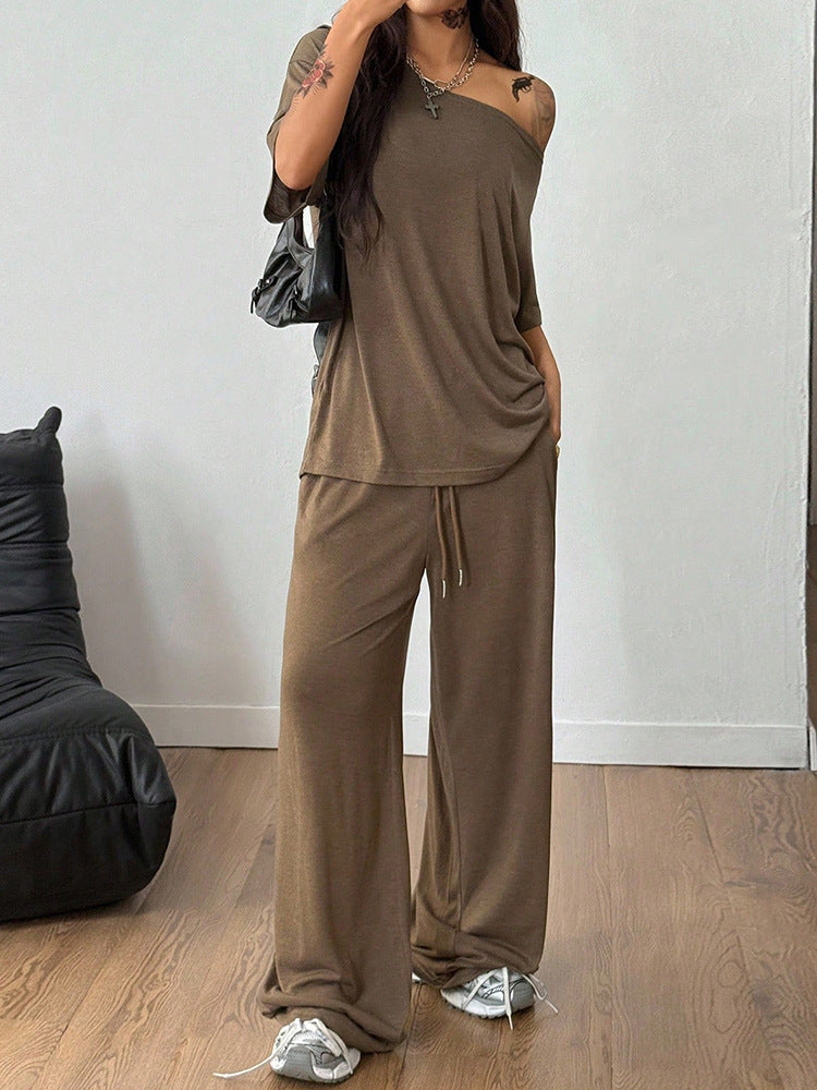 Women's Diagonal Collar Solid Color Sports Two-piece Loose Fashion Casual Suit