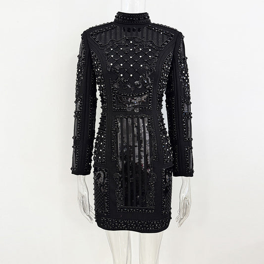 Fashion Diamond Beaded Sequins Stretch Tight Dress