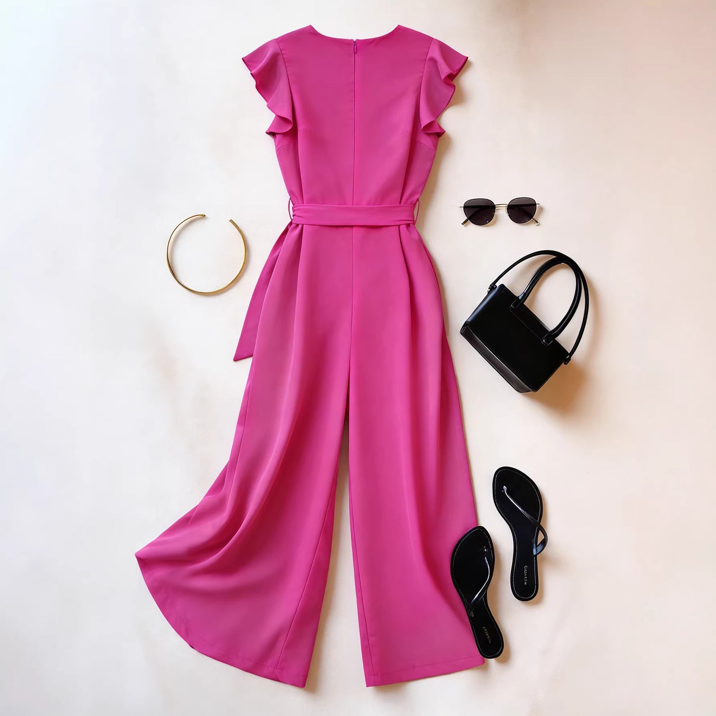 Attractive Women's Ruffle Sleeve Solid Color Jumpsuits
