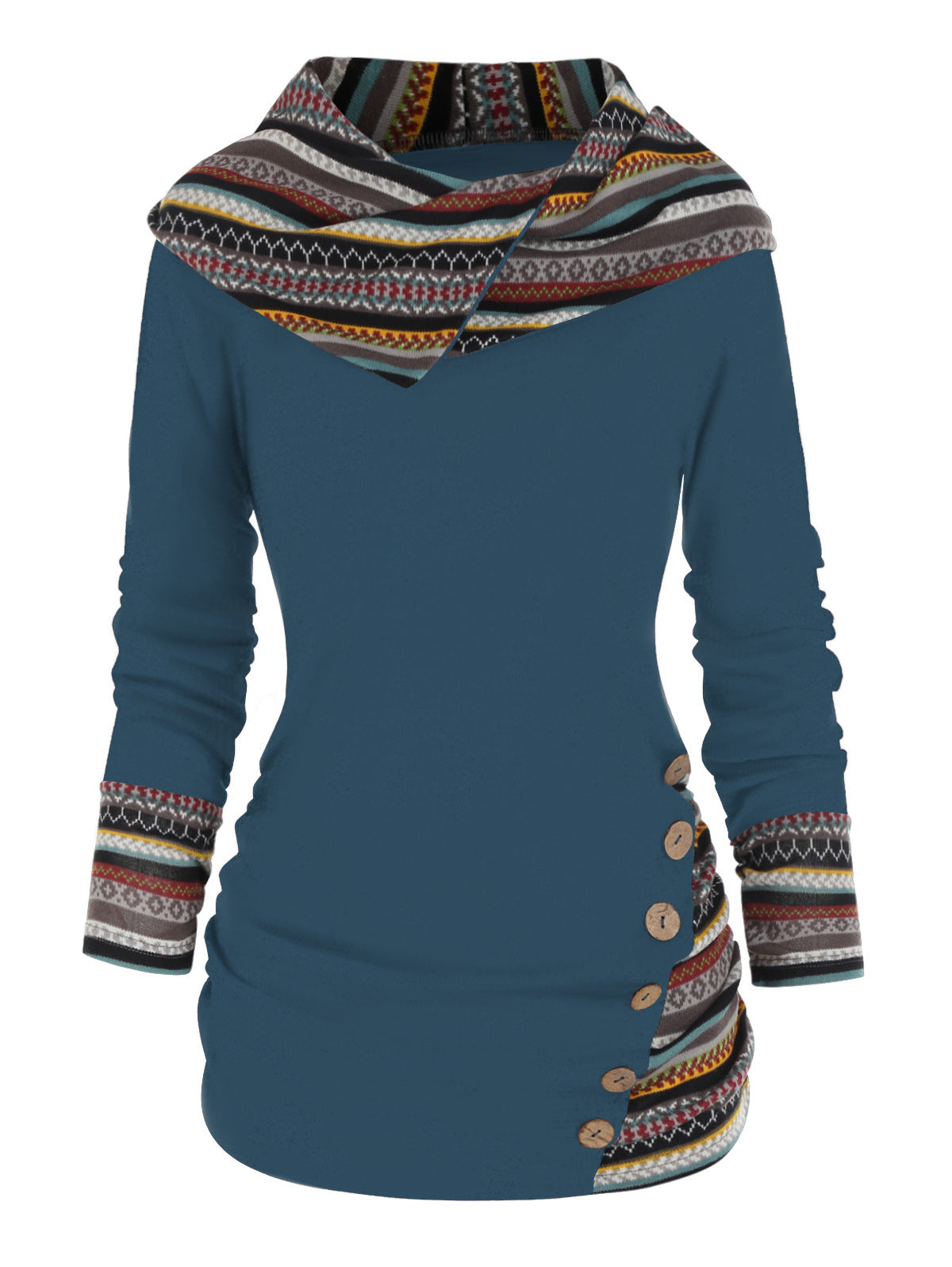 Women's Striped Stitching Hooded Knitted Long Sleeve Button Sweaters