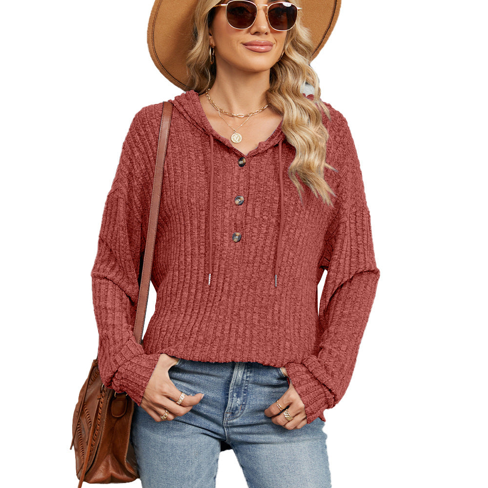 Women's Solid Color Hooded Button Loose Long Women's Sweater, Sweater