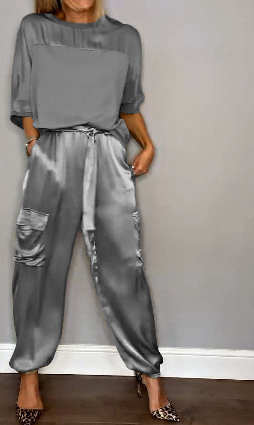 Women's Smooth Satin Short-sleeved Casual Two-piece Set Suits