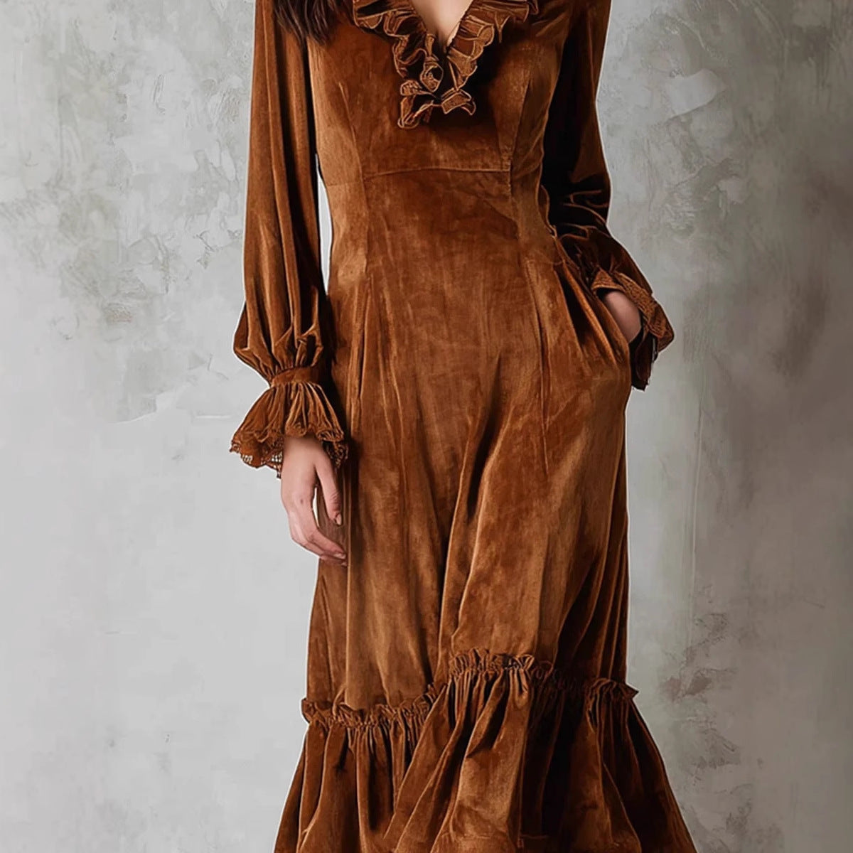 Women's French Lace Patchwork Puff Sleeve Ruffled Dresses