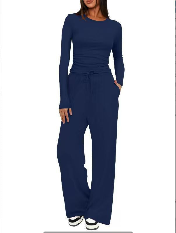 Solid Color Long Sleeves Outfit High Waist Wide Tops
