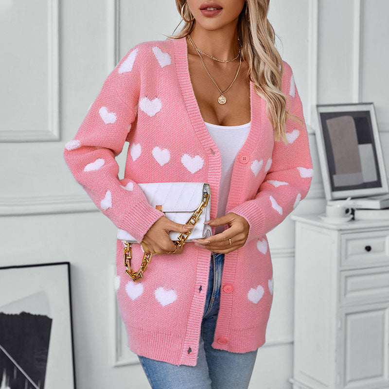 Women's Embroidery Heart Knitted Mid-length Button Sweet Sweaters