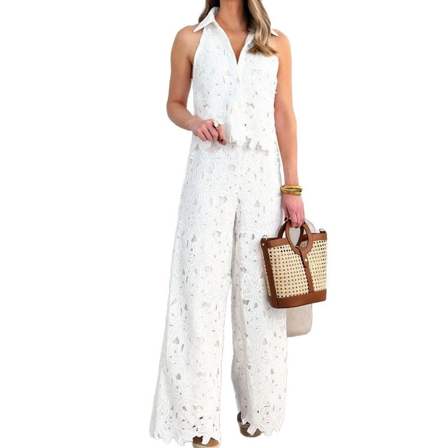 Summer French Style Embroidered Hollow Straight Fashion Casual Suit