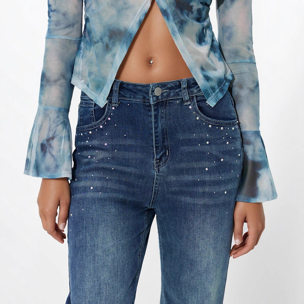 Women's Straight Casual Soft Comfortable Texture Fabric Rhinestone Design Jeans