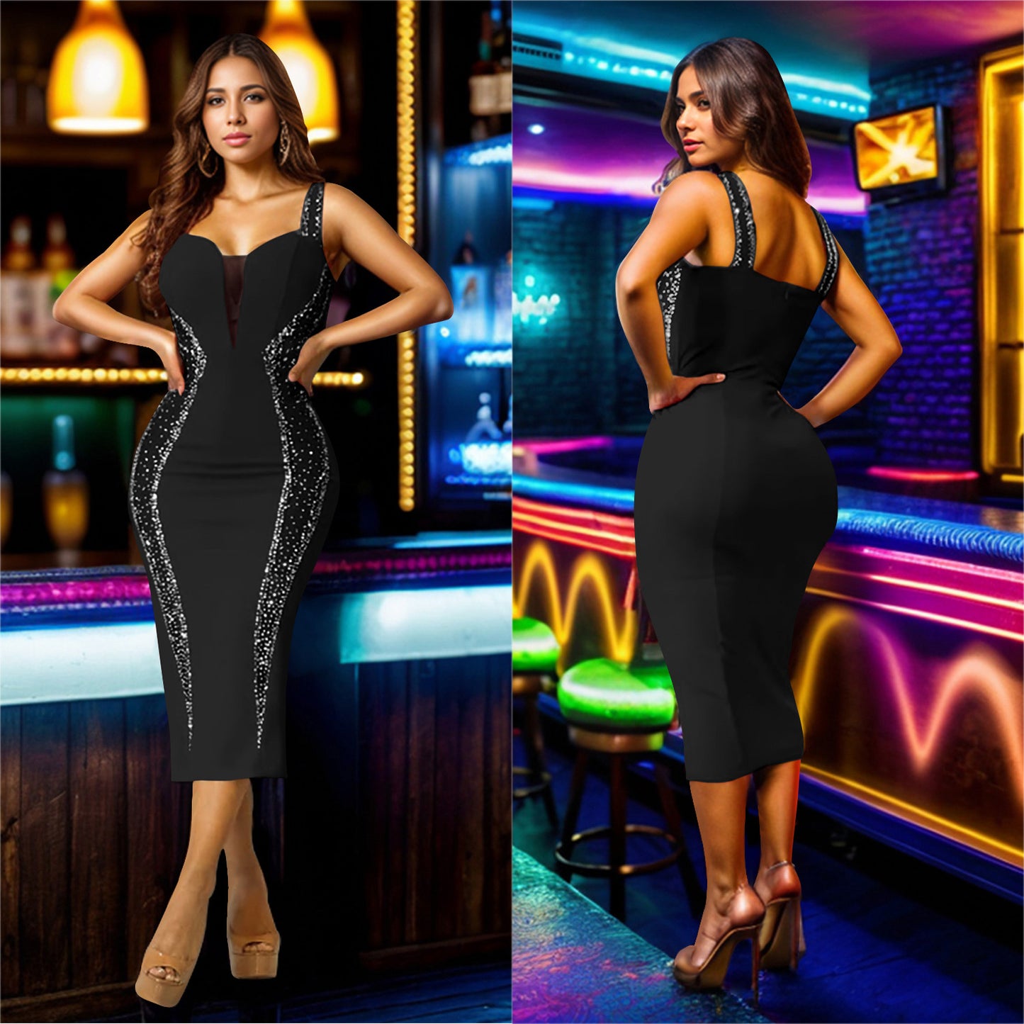 Women's Fashion Wear Sling Hot Drilling Mid-length Dresses