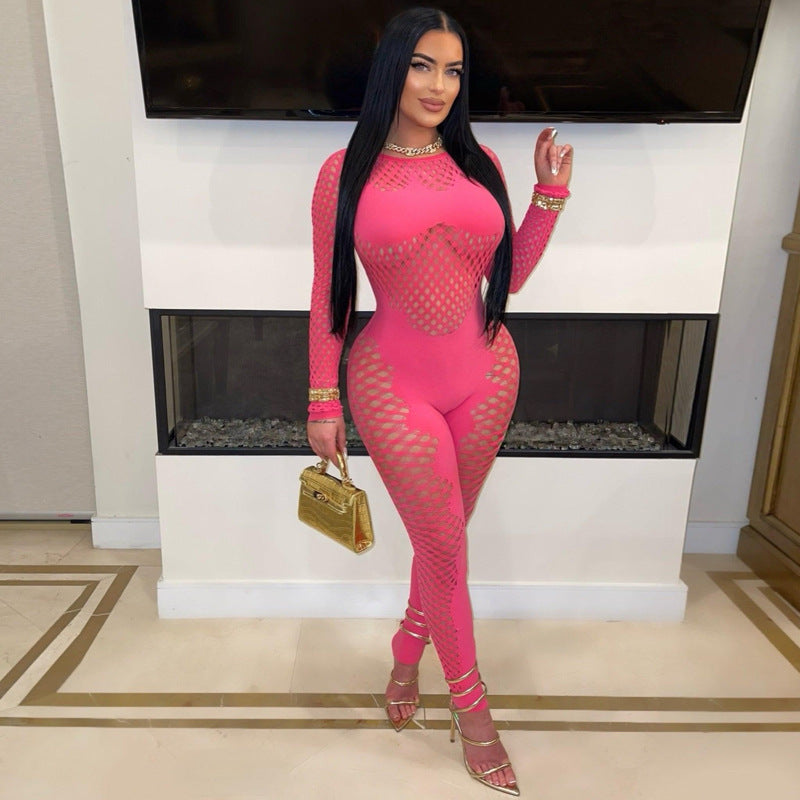 Women's Solid Color Round Neck Long Sleeve Women's Jumpsuit/clothing