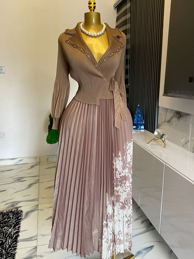 Women's Fake Two Pieces Pleated Print Dress Dresses