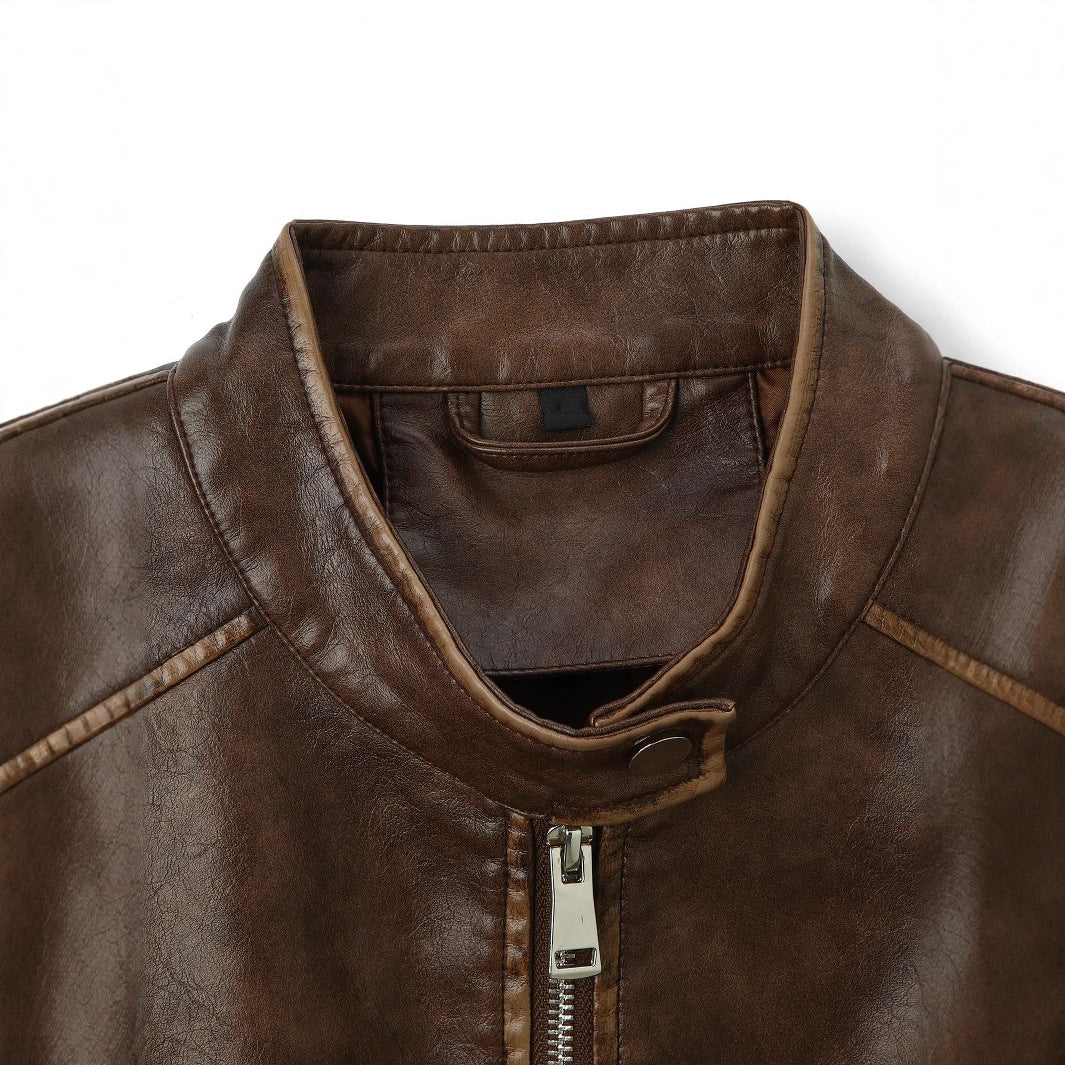 Women's Leather Retro Distressed Loose Cargo Stand Jackets