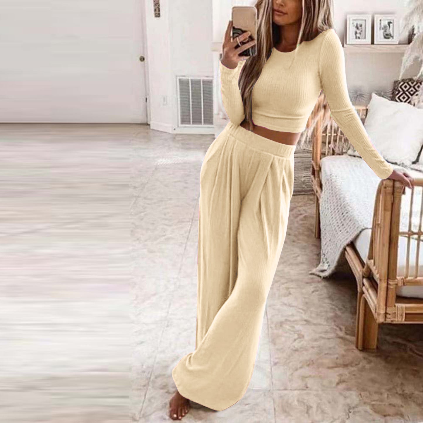 Women's Solid Color Knit Home Two-piece For Fashion Casual Suit