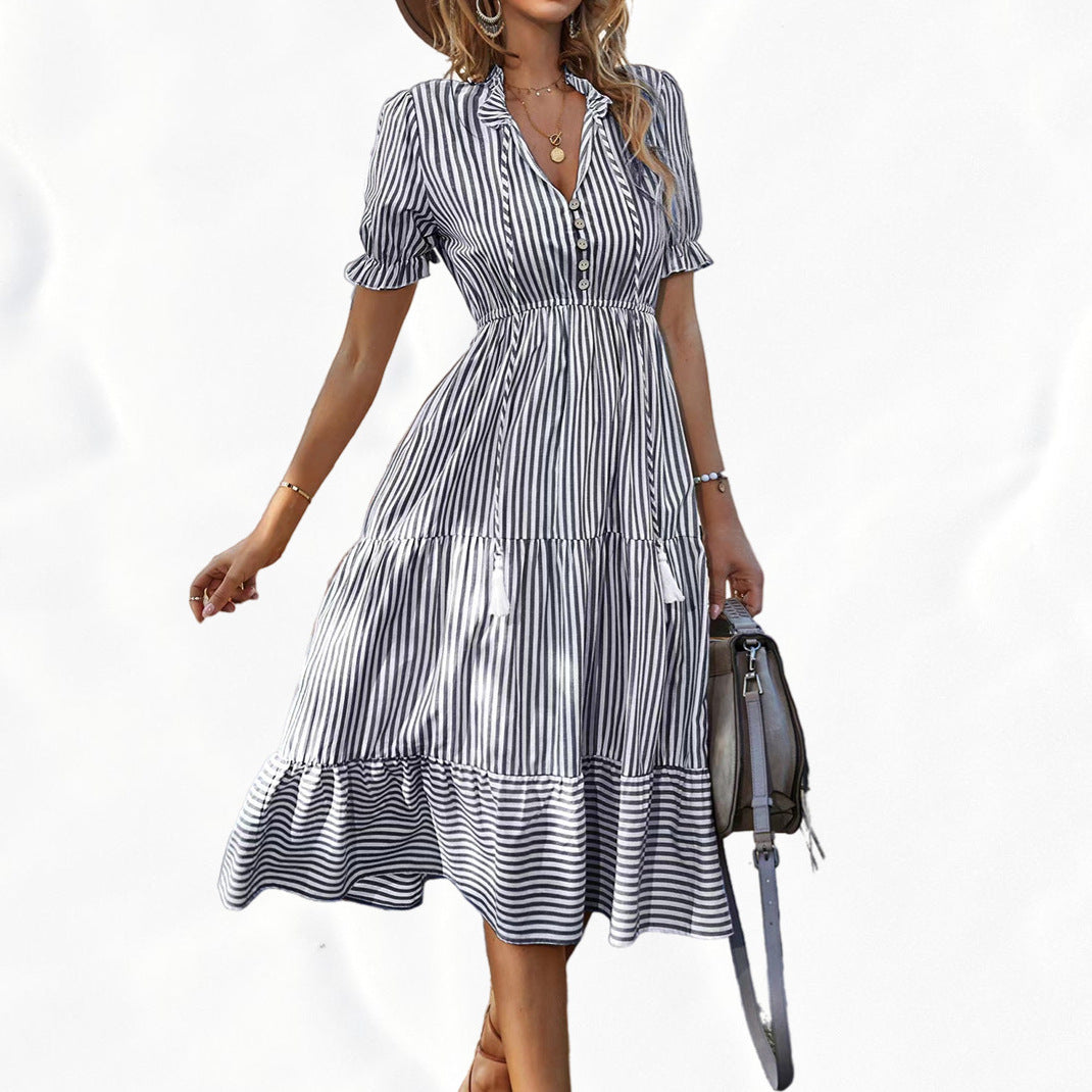 Women's Striped Elastic Waist Sleeve Expandable Dress