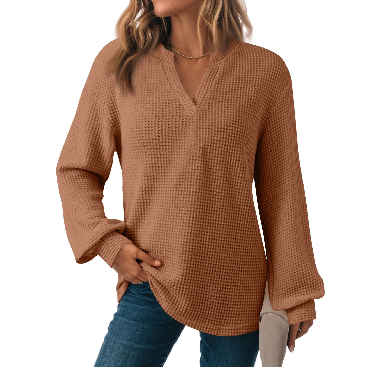 Women's Solid Color Waffle Loose Long Sleeve Women's Sweater, Sweater