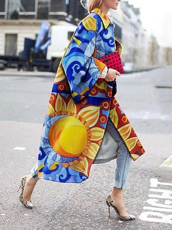 Women's Long Bell Sleeve Printed Loose Trench Coats