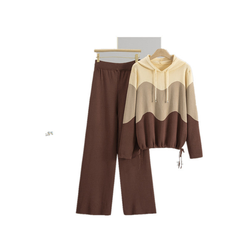 Women's Knitted Hooded Color-matching Leisure Sports Two-piece Suits