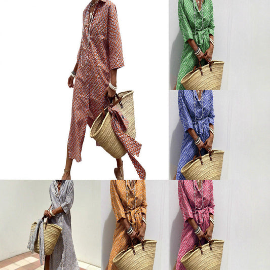 Women's Half Sleeve Striped Lapel Shirt Dress