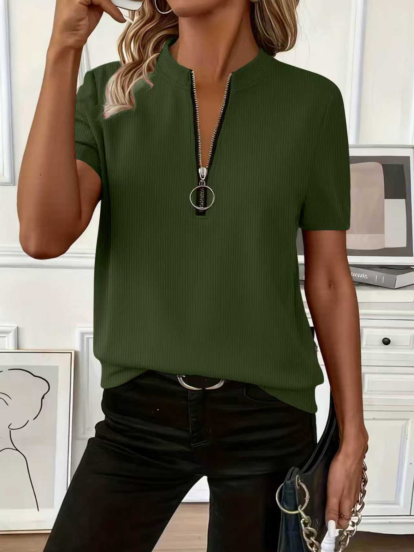 Women's Knitted Sunken Stripe Solid Color Fabric Zipper Women's T-shirt