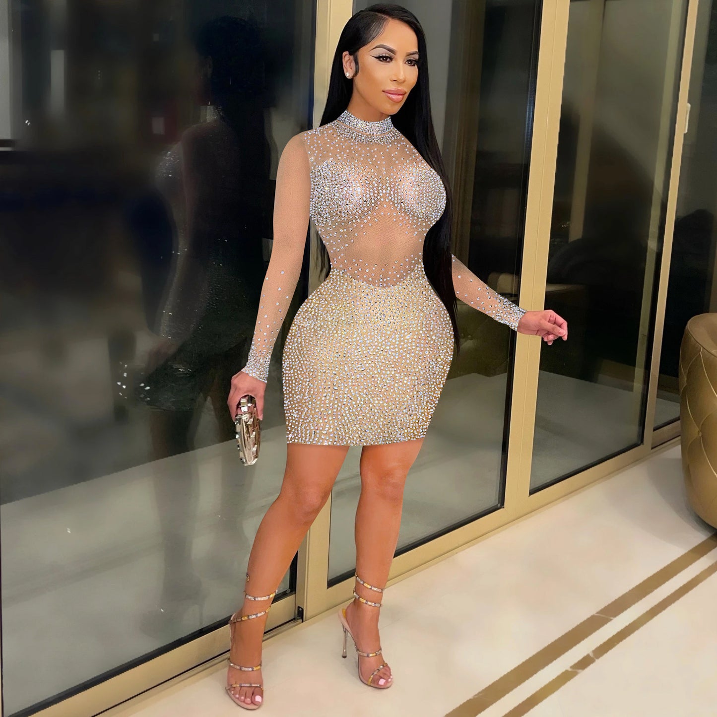 Fashion Sexy Nightclub Hot Rhinestone Mesh Long Dresses